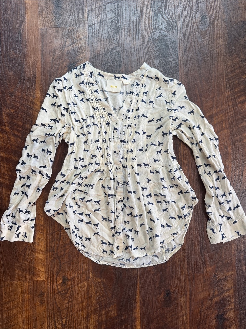 Anthropologie Maeve Button-Front Blouse with Navy Horse Print